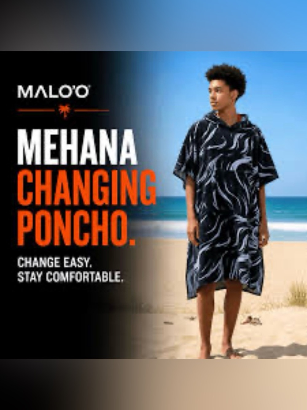 Malo Mehana Hooded Changing Poncho - Black with White Wave Print